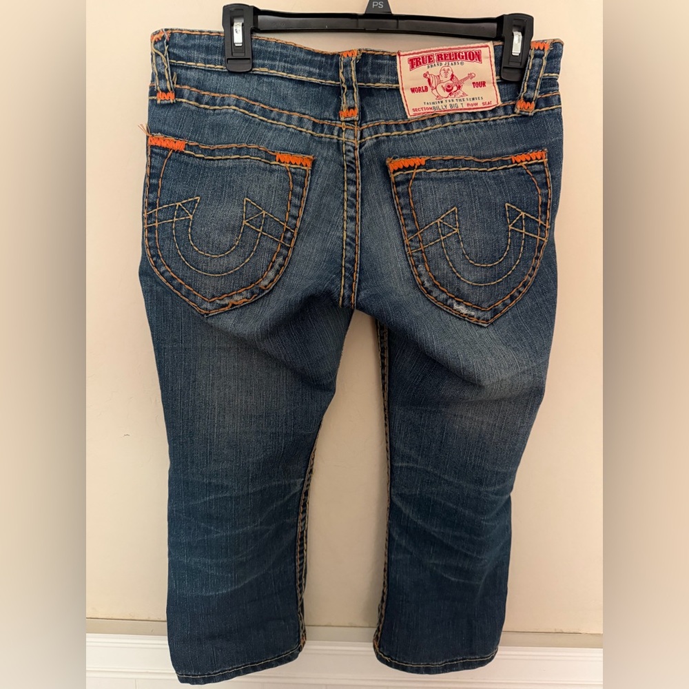 True Religion Women's Capri Jeans - Blue with Orange Stitching